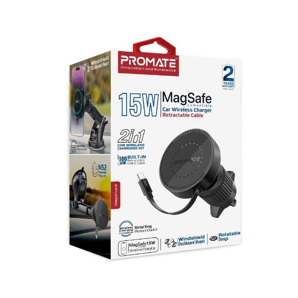 Picture of 15W MagSafe Compatible Incar Phone Wireless Charger Retractable 1m USB-C Connector