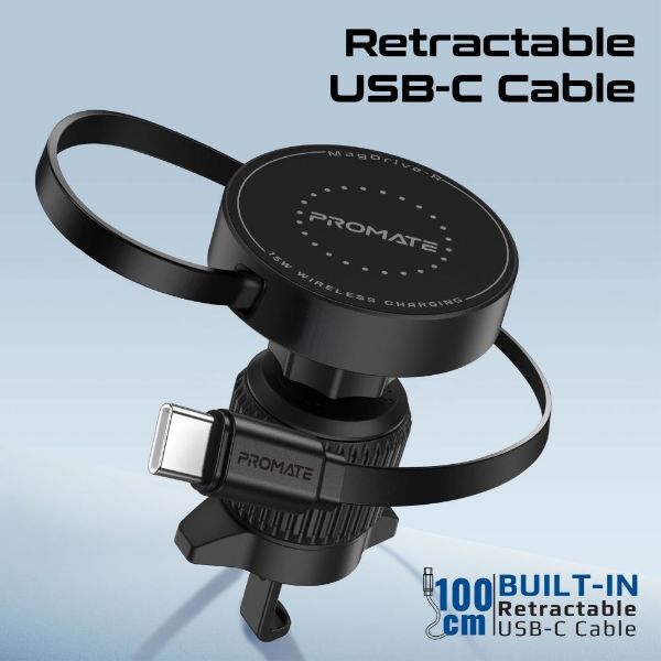 Picture of 15W MagSafe Compatible Incar Phone Wireless Charger Retractable 1m USB-C Connector