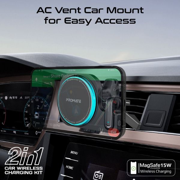 Picture of 2-in-1 MagSafe 15W Wireless In-Car Phone Charger Built-in Wireless Mono ENC Earphone.