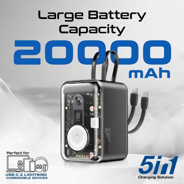 Picture of 20000mAh 4-in-1 Smartphone & Apple Watch Power Bank Dual USB-C & Lightning Cable