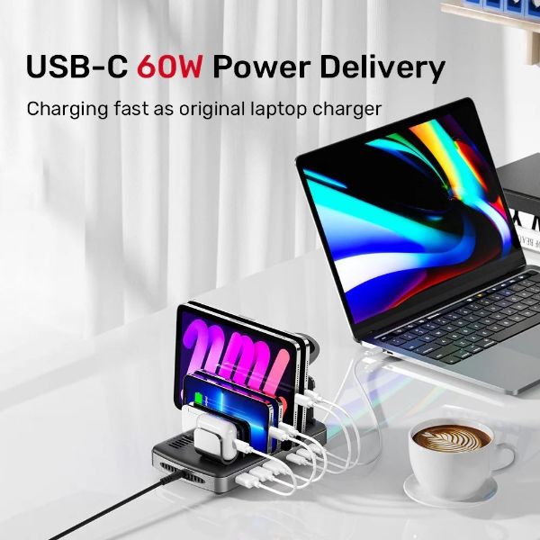 Picture of 6-Port USB-C & USB-A Multi Device Charging Station. Charge up to 6 Devices