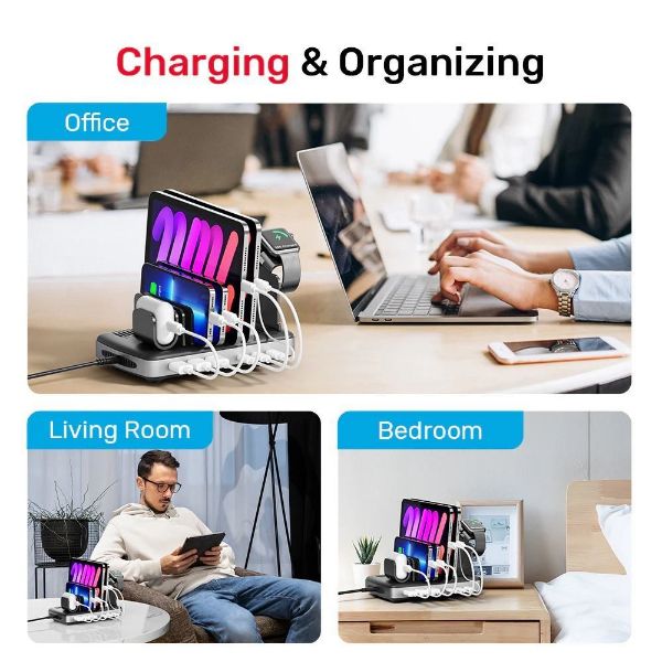 Picture of 6-Port USB-C & USB-A Multi Device Charging Station. Charge up to 6 Devices