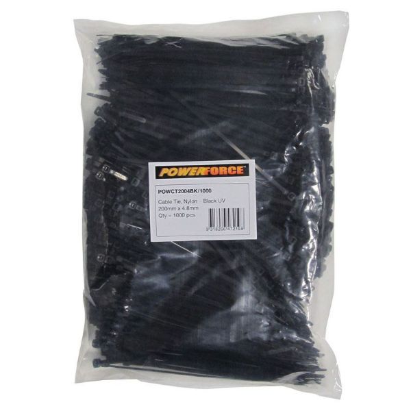 Picture of 4.8 x 200mm Black UV Cable Ties Pack of 1000 22kgs Tensile Strength