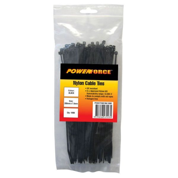 Picture of 7.6 x 200mm Black UV Cable Ties Pack of 100 55kgs Tensile Strength