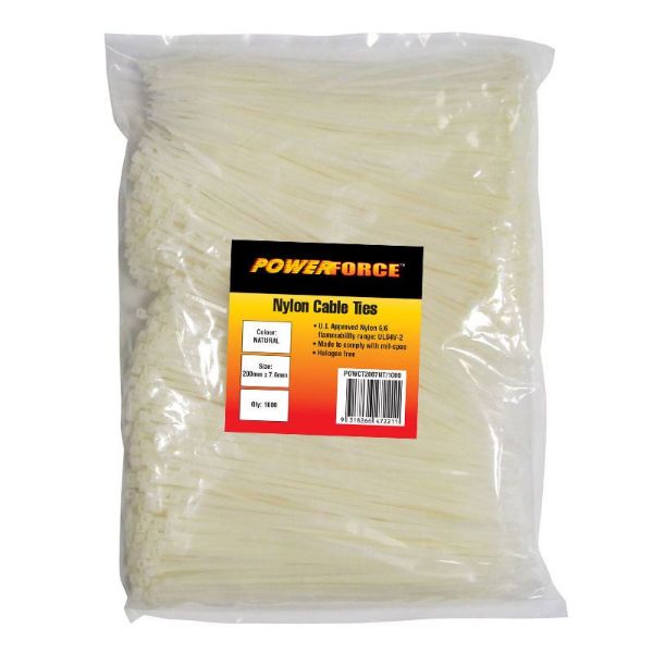 Picture of 7.6 x 200mm Natural Cable Ties Pack of 1000 55kgs Tensile Strength