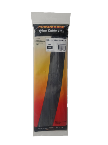 Picture of 4.8 x 300mm Black UV Cable Ties Pack of 100 22kgs Tensile Strength