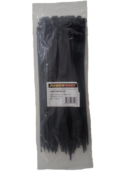 Picture of 7.6 x 380mm Black UV Cable Ties Pack of 100 55kgs Tensile Strength