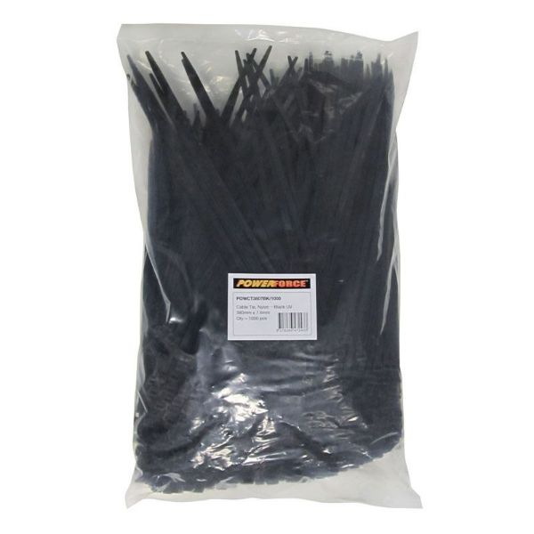 Picture of 7.6 x 380mm Black UV Cable Ties Pack of 1000 55kgs Tensile Strength