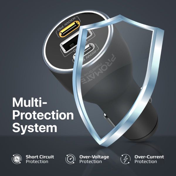 Picture of 120W PD In-Car Phone Tablet Notebook Charger. Dual USB-C Ports 1x USB-A