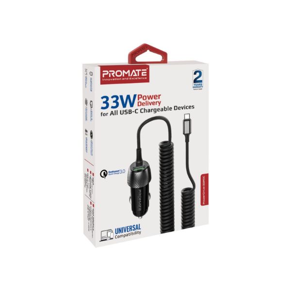 Picture of 33W Car Charger w/ USB-C Cable Output USB-A & USB-C Qualcomm 3.0 18W Quick Charge