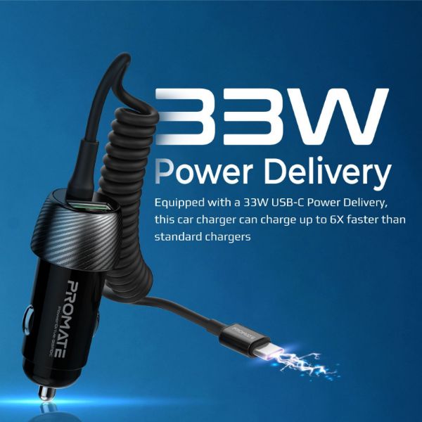 Picture of 33W Car Charger w/ USB-C Cable Output USB-A & USB-C Qualcomm 3.0 18W Quick Charge