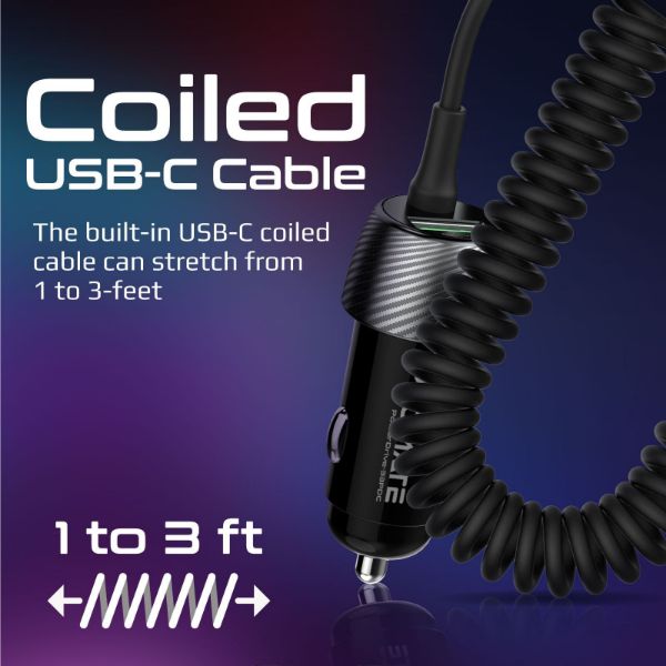 Picture of 33W Car Charger w/ USB-C Cable Output USB-A & USB-C Qualcomm 3.0 18W Quick Charge