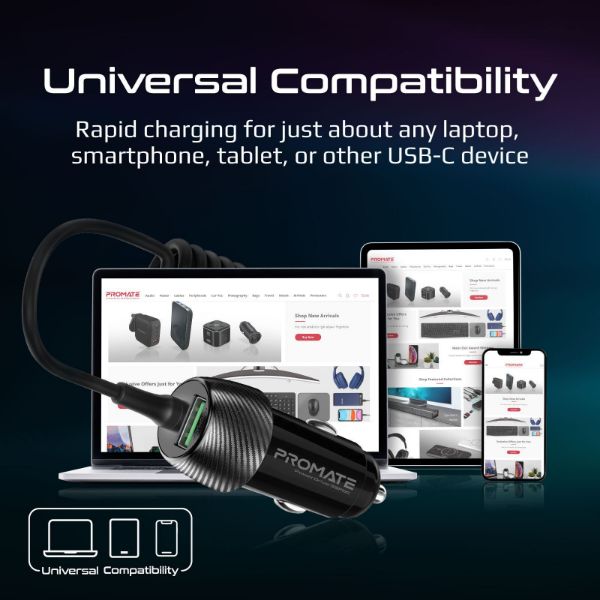 Picture of 33W Car Charger w/ USB-C Cable Output USB-A & USB-C Qualcomm 3.0 18W Quick Charge