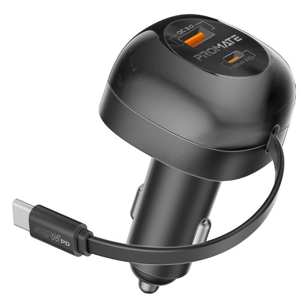 Picture of 62W PD In-Car Phone Charger Retractable 80cm USB-C Cable. 45W PD USB-C Connector 36W PD