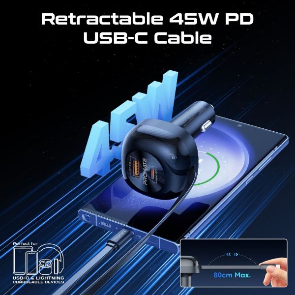 Picture of 62W PD In-Car Phone Charger Retractable 80cm USB-C Cable. 45W PD USB-C Connector 36W PD
