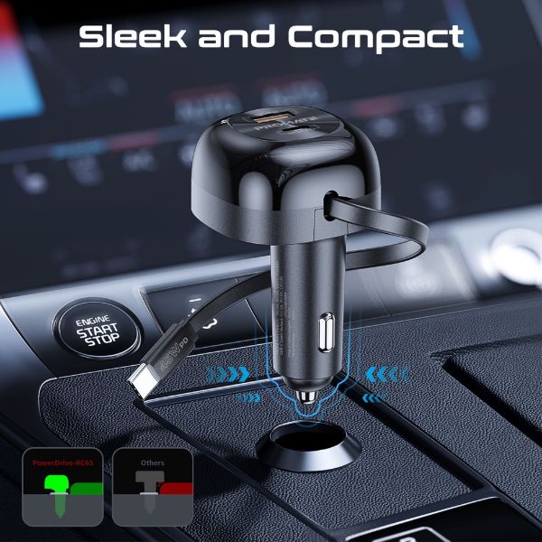 Picture of 62W PD In-Car Phone Charger Retractable 80cm USB-C Cable. 45W PD USB-C Connector 36W PD