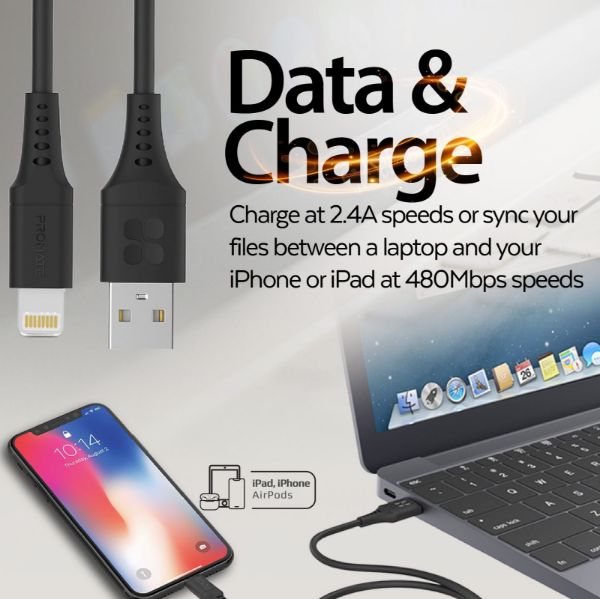 Picture of 1.2m USB-A to Lightning Data & Charge Cable Black