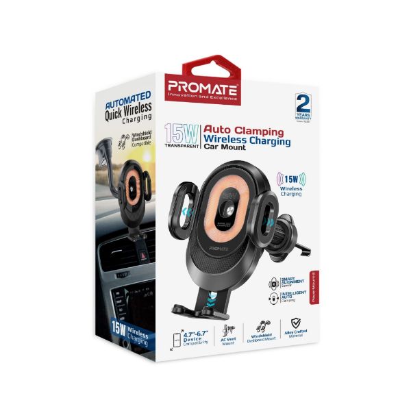 Picture of 15W Transparent Auto Clamping Wireless Charging Car Mount. Takes 4.7-6.7'' Devices