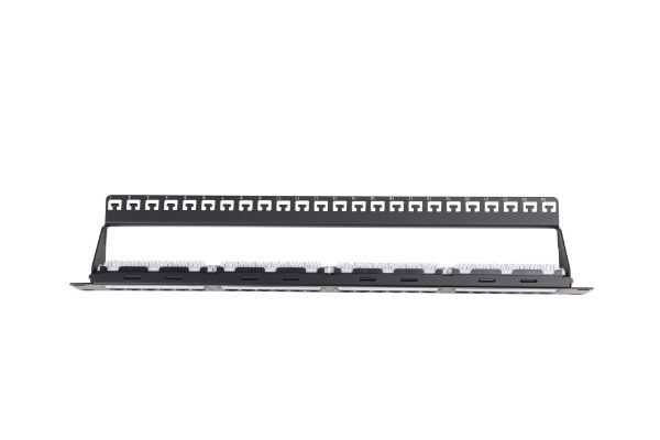 Picture of 24 Port 19'' Cat6 UTP Patch Panel plastic labelling kit. Rear Support Bar. T568A &