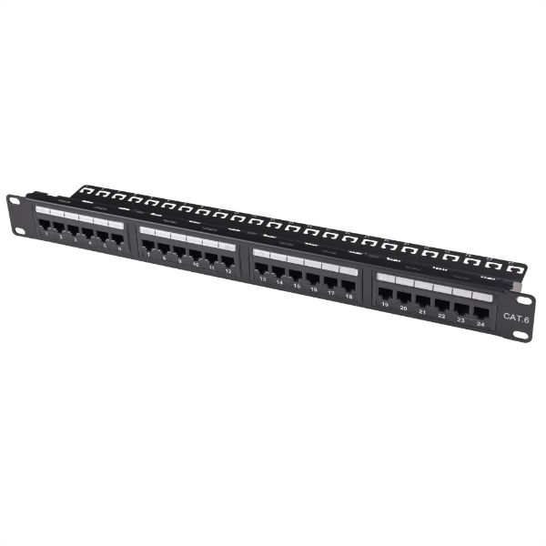 Picture of 24 Port 19'' Cat6 UTP Patch Panel plastic labelling kit. Rear Support Bar. T568A &