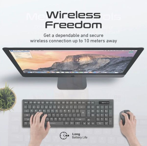 Picture of Full Size Wireless Keyboard Mouse Spill proof Ergonomic Design. Built-in Med