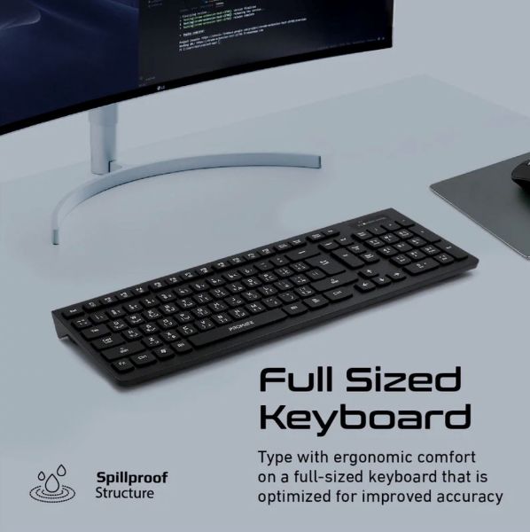 Picture of Full Size Wireless Keyboard Mouse Spill proof Ergonomic Design. Built-in Med