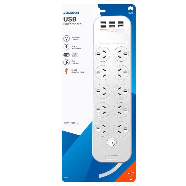 Picture of 10-Way Powerboard w/ 6x USB-A Fast Charge Ports (4.5A) 10 Surge Protected Power Out