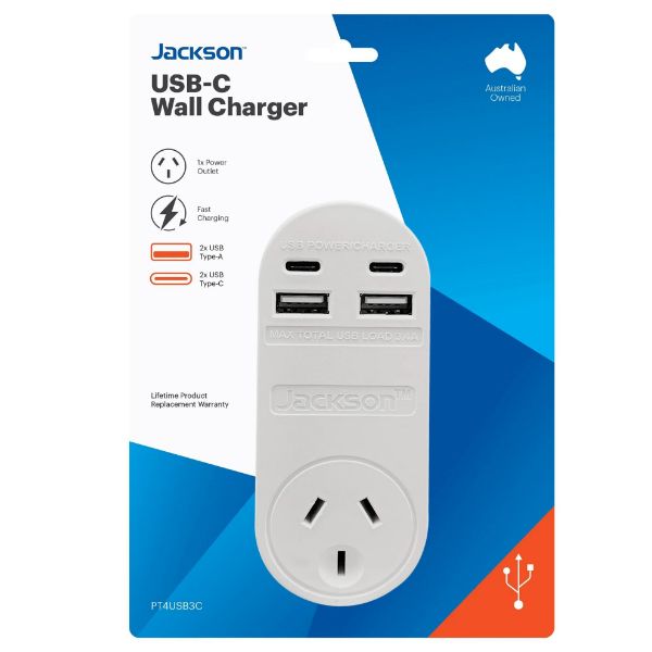 Picture of USB 3.4A Wall Charger. 2x USB-A & 2x USB-C Ports 1x 3-Pin Socket. 230-240Vac