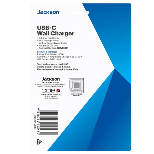 Picture of USB 3.4A Wall Charger. 2x USB-A & 2x USB-C Ports 1x 3-Pin Socket. 230-240Vac