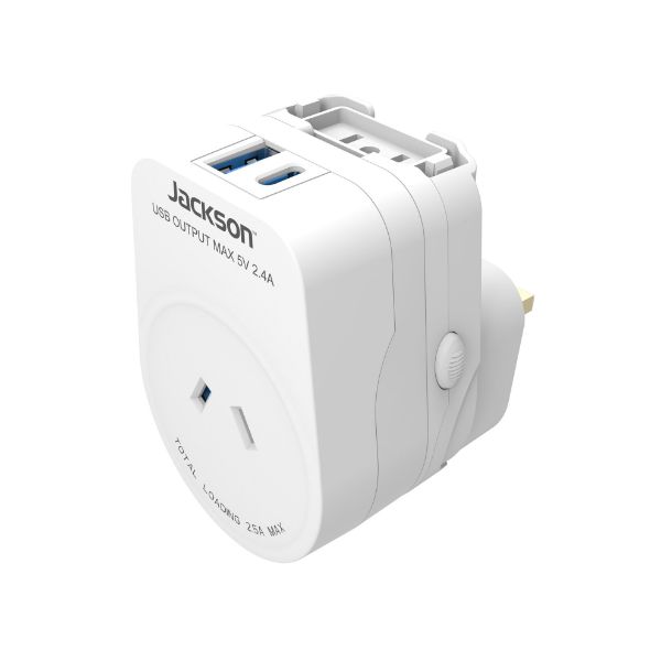 Picture of Outbound Travel Adaptor with USB-A/C. Converts 2-Pin NZ/AUS Plugs for Use in More than 150