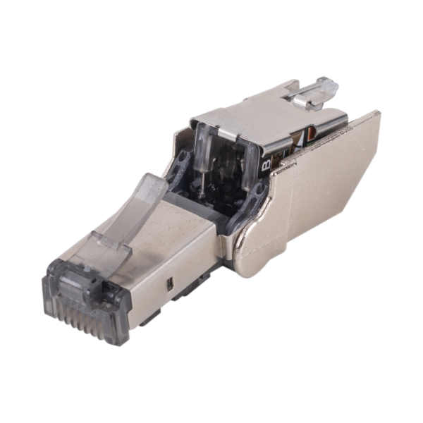 Picture of RJ45 STP Cat6A 10G Tooless Flexible Plug. Works w/ both Solid & Stranded Conductors