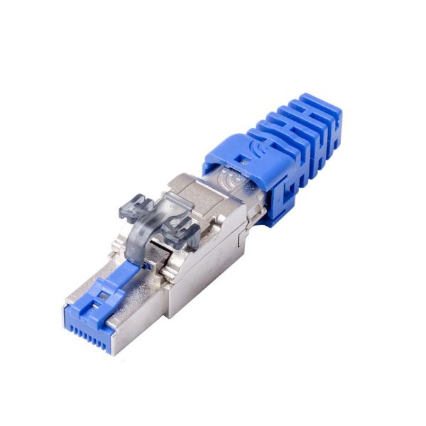 Picture of RJ45 STP Cat6A 10G Tooless Flexible Plug. Works w/ both Solid & Stranded Conductors