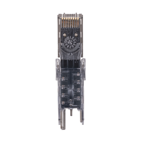 Picture of RJ45 UTP Cat6A Tooless Flexible Plug. Works w/ both Solid & Stranded Conductors