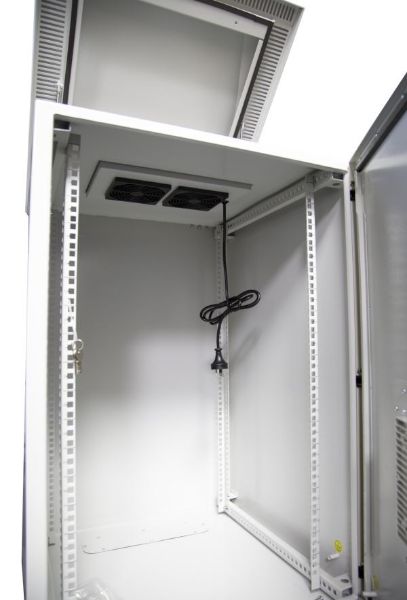 Picture of 12RU Vented Outdoor Wall Mount Cabinet. Dim 611x625x640 IP45 rated. Lockable door.