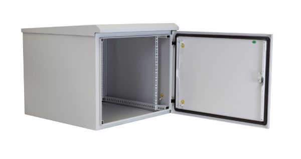 Picture of 9RU Outdoor Wall Mount Cabinet External Dims 611x525x515. IP65 Rated Lockable Front Door