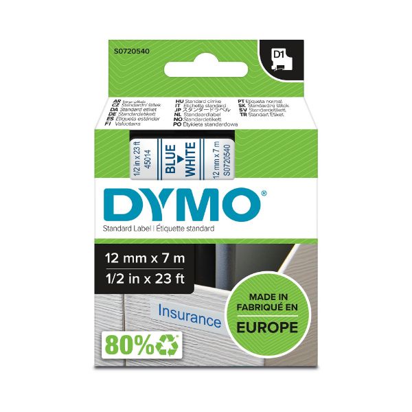 Picture of Genuine D1 Label Cassette Tape 12mm x 7M Blue on White. Suitable for the Label Manage