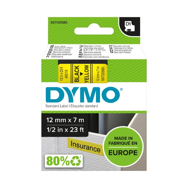Picture of Genuine D1 Label Cassette Tape 12mm x 7M Black on Yellow Suitable for the Label Manage