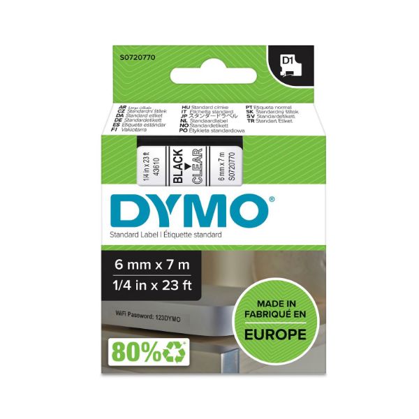 Picture of Genuine D1 Label Cassette Tape 6mm x 7M Black on Clear Suitable for the Label Manager