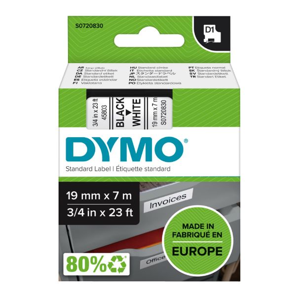 Picture of Genuine D1 Label Cassette Tape 19mm x 7M Black on White Suitable for the Label Manager