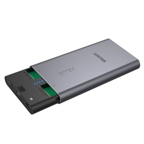 Picture of USB-C to PCIe/NVMe M.2 SSD 10Gbps Dual Bay Enclosure. USB3.2 Gen2 10Gbps SuperSpeed.