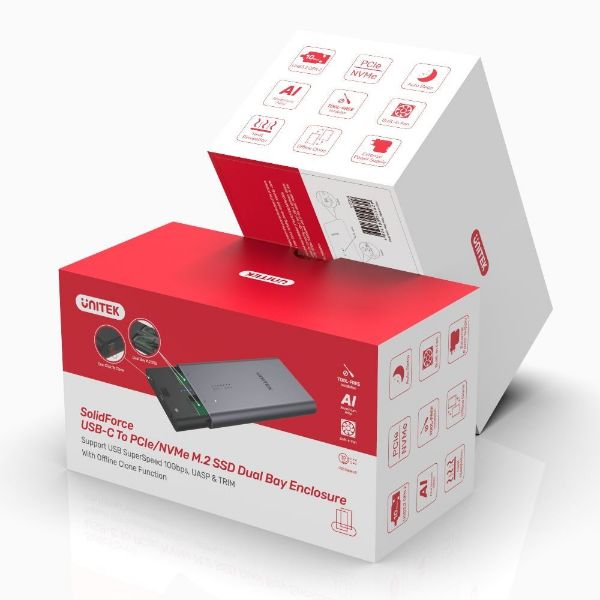 Picture of USB-C to PCIe/NVMe M.2 SSD 10Gbps Dual Bay Enclosure. USB3.2 Gen2 10Gbps SuperSpeed.