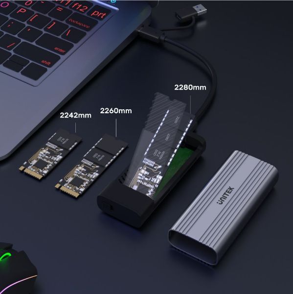 Picture of USB-C to M.2 SSD Enclosure in Alloy Housing. Supports M.2 NVME & SATA SSD