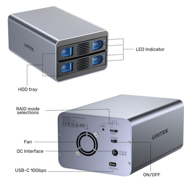 Picture of 2-Bay USB-C RAID External HD Enclosure. Supports RAID 1 both 2.5'' & 3.5'' SATA HDD