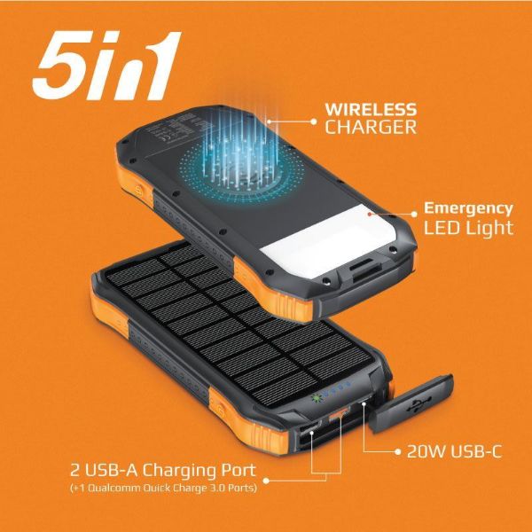 Picture of 10000mAh Rugged EcoLight Solar IP65 Power Bank w/ 10W Wireless Qi Charging