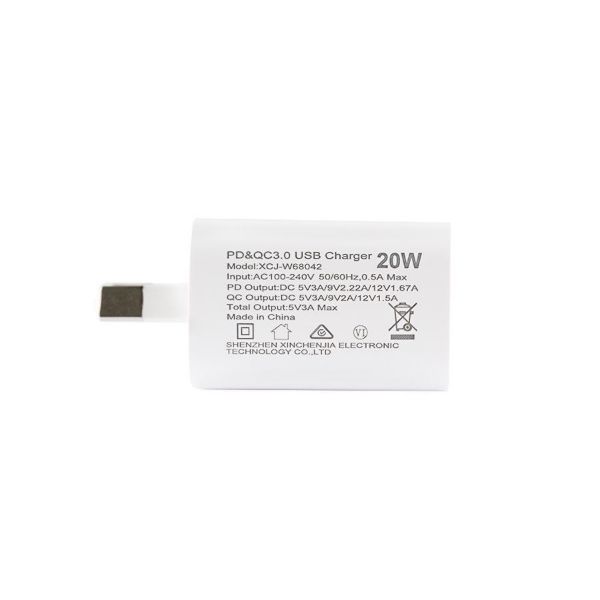 Picture of 20W 5V/3A USB-C + QC3.0 USB-A Universal Compact Wall Charger Supports Fast Charge for Apple