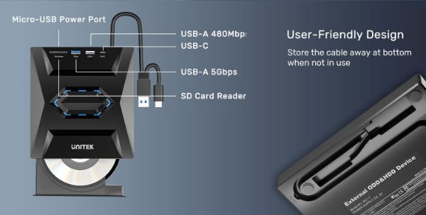 Picture of 5-in-1 External Optical Drive w/ USB Hub. High-Speed Writing & Reading