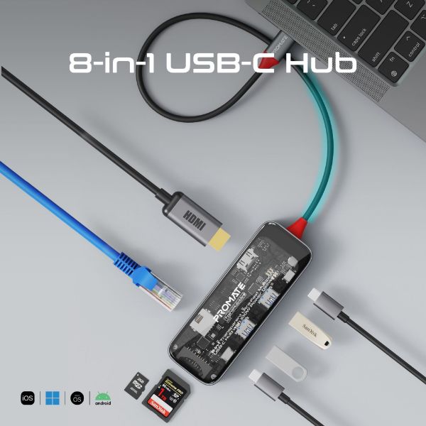 Picture of 8-in-1 USB Multi-Port Hub USB-C Connector. Includes 100W PD 4K HDMI Port RJ45 Port