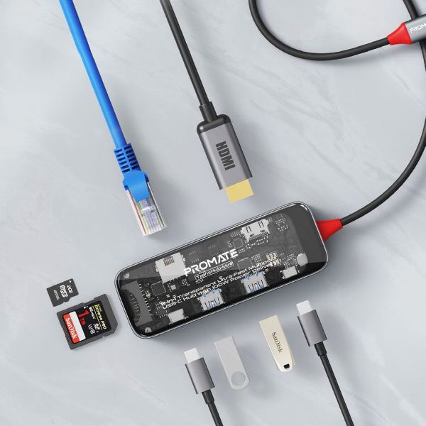 Picture of 8-in-1 USB Multi-Port Hub USB-C Connector. Includes 100W PD 4K HDMI Port RJ45 Port