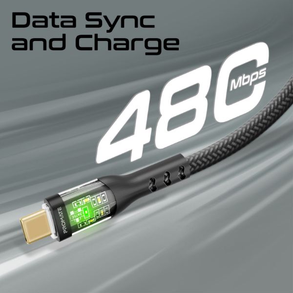 Picture of 2m USB-C to USB-C Cable Transparent Connectors & LED'' Supports 60W PD. 25000+ Bend