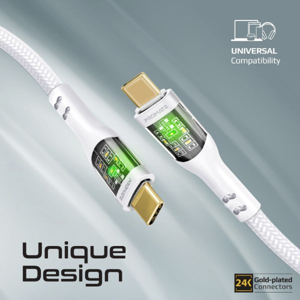 Picture of 2m USB-C to USB-C Cable Transparent Connectors & LED'' Supports 60W PD. 25000+ Bend